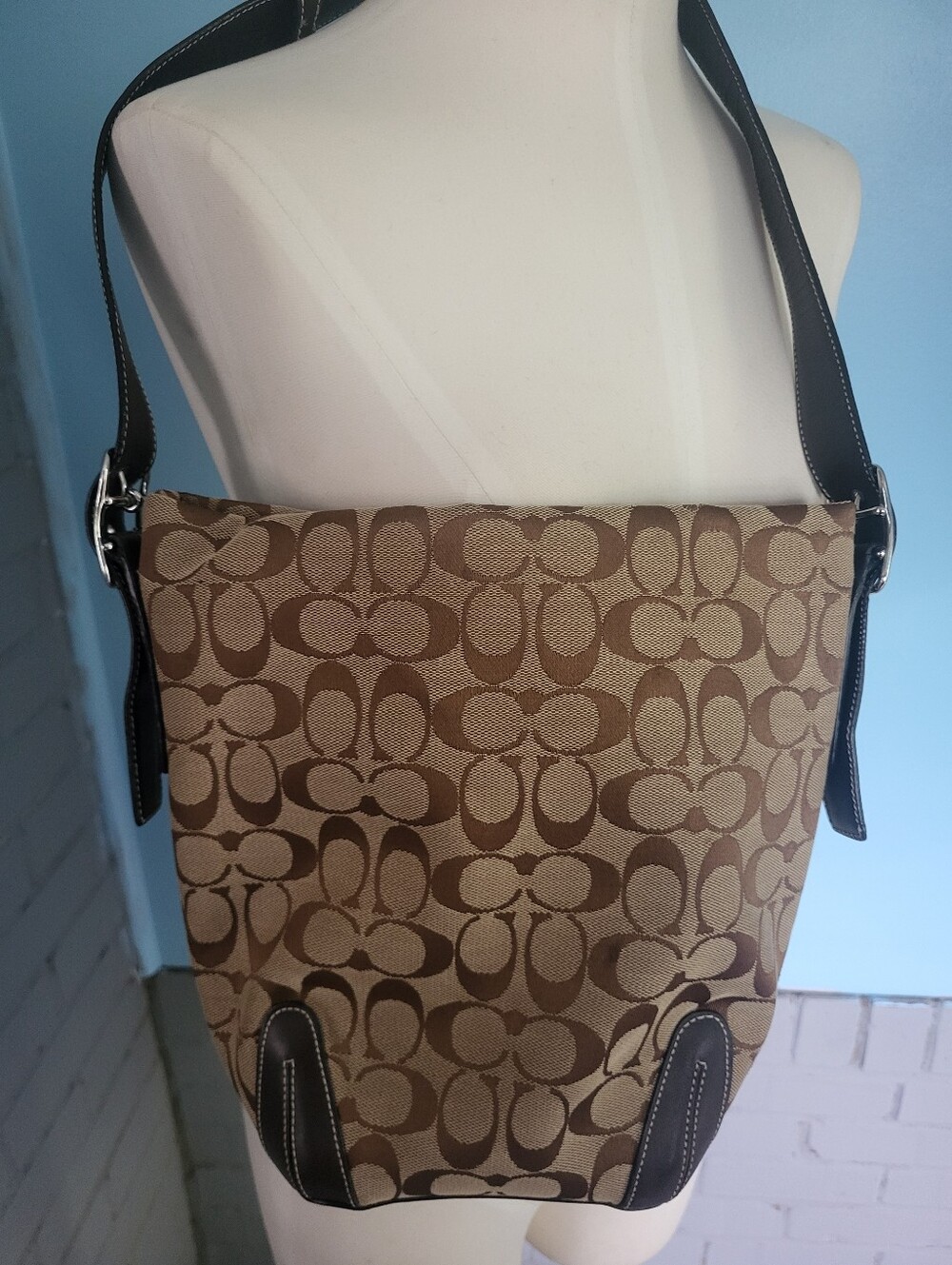 Coach Brown Signature Canvas Shoulder Bag with Dark Trim
